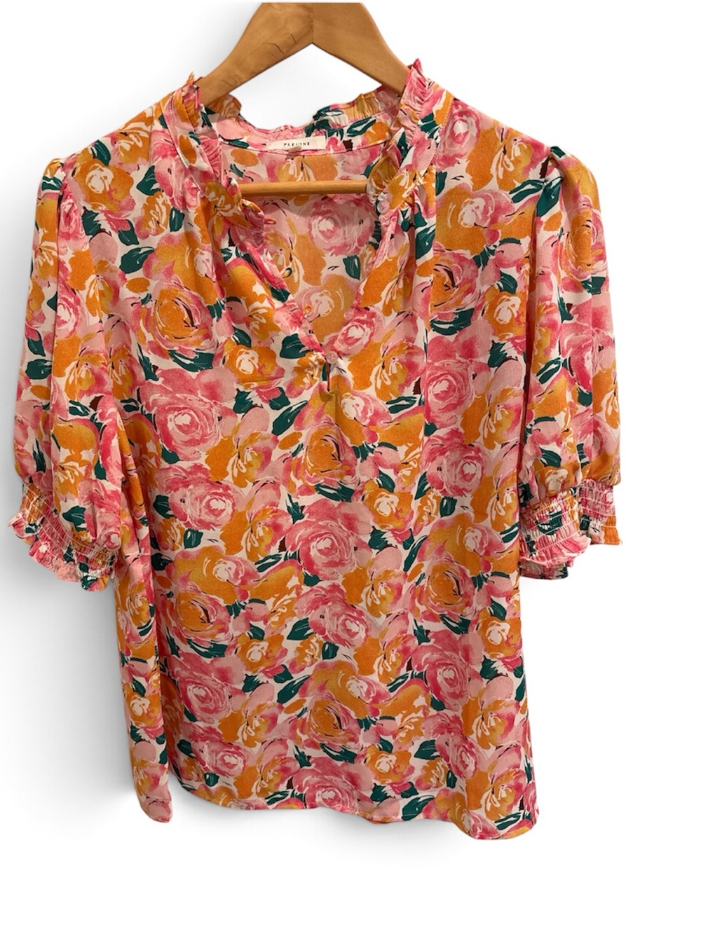 Pleione Pink & Mustard Floral Ruffle V-Neck Blouse